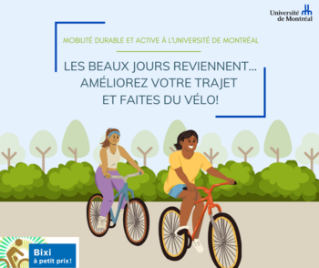 Dessin d'une Fille et garçon à bicyclette. Mobilité durable et active à l'Université de Montréal - Les beaux jours reviennent... Améliorez votre trajet et faites du vélo!