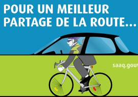 Dessin d'un cycliste dépassant une voiture, pour un meilleur partage de la route.