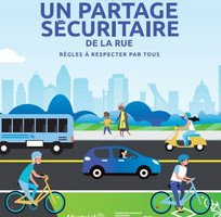 Un partage sécuritaire de la rue, règles à respecter par vous. Image de vélos, autos et bus.