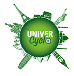 Logo d'univercyclo-Sphère verte entourée de hauts bâtiments formant une étoile.